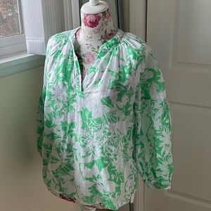 Caslon Long Sleeve Popover Top - Green White Coronado Blooms S